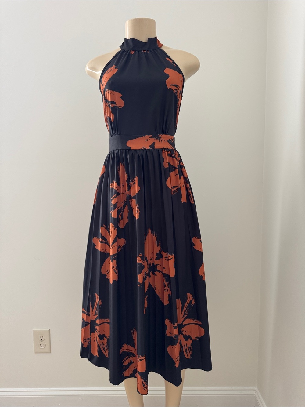 Halter Neck Black Dress with Rust Floral Print